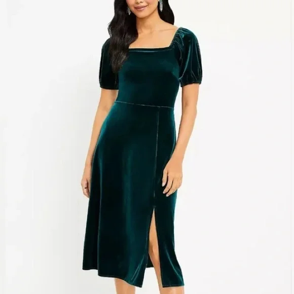 LOFT | Dresses | Loft Emerald Velvet Short Puff Sleeve Square Neck Midi  Dress With Slit Size 2 | Poshmark